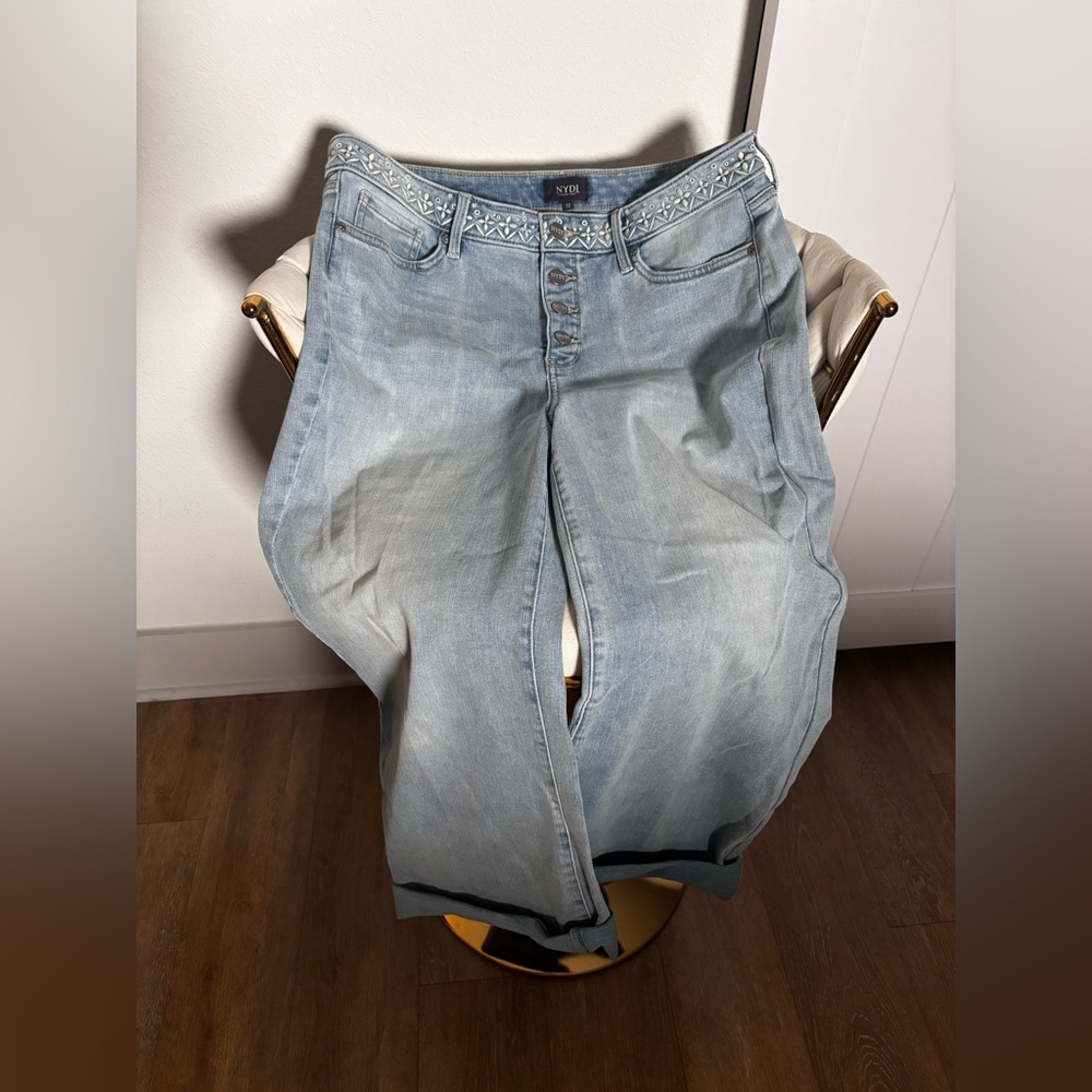 NYDJ Embroidered Light Blue Straight Leg Jeans